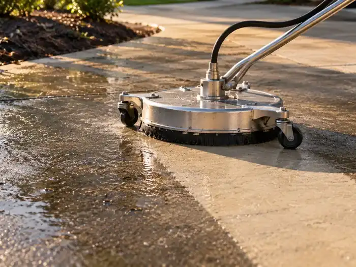A close daylight detail of a surface cleaner leaving an even clean stripe across a concrete drive, no people