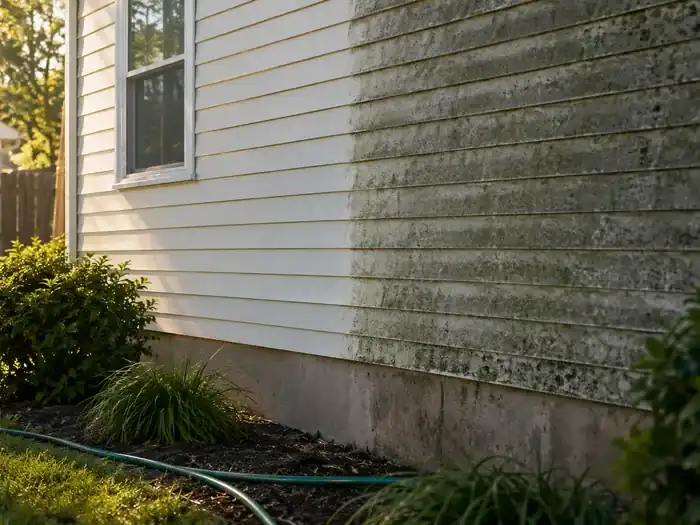 A house wall half washed, the clean side bright and the other still gray with mildew, hose on the ground, no people