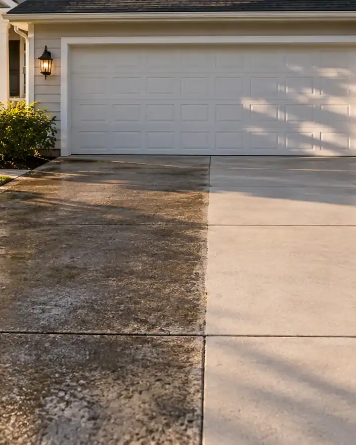 A concrete driveway half cleaned showing the difference