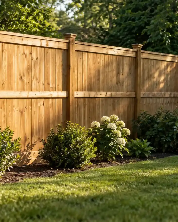 A wooden fence cleaned back to natural color