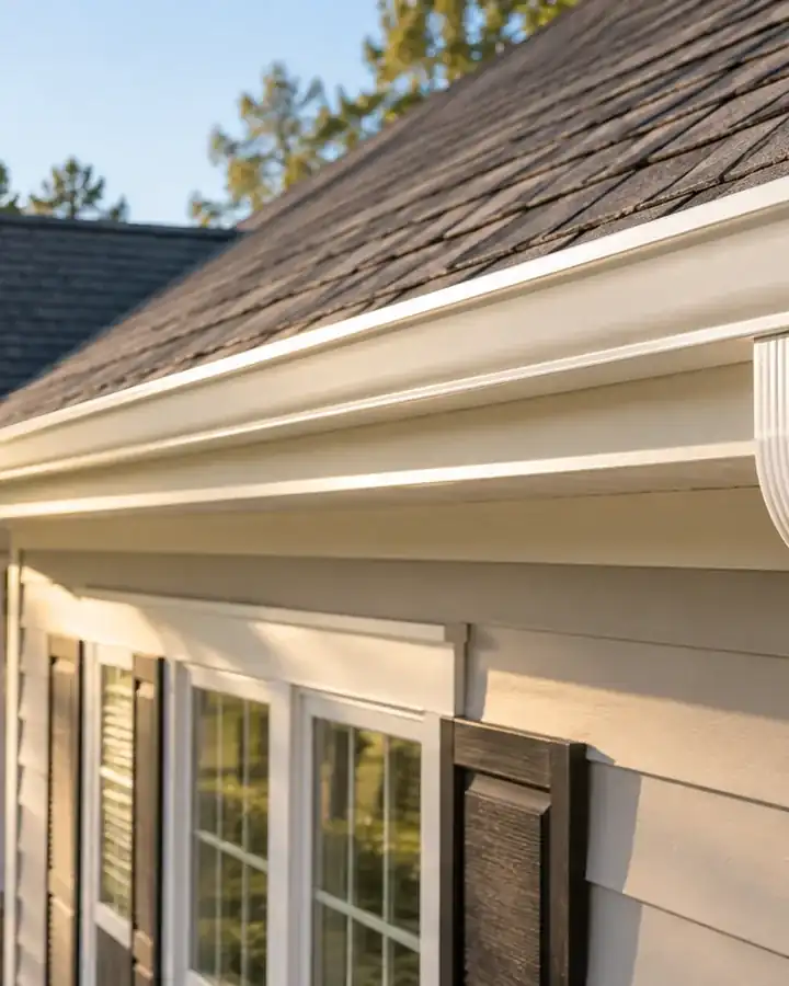 White gutters washed clean along a roof edge