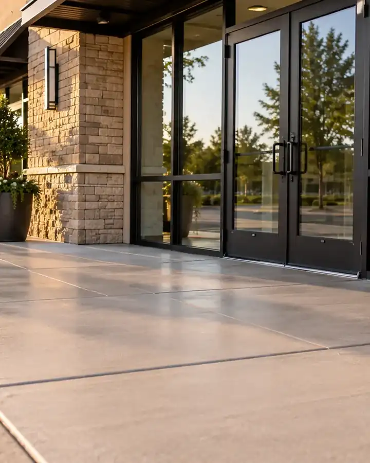 A storefront walkway cleaned bright in front of the entrance